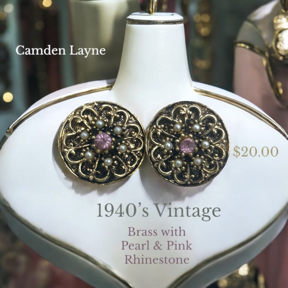 Camden Layne Vintage Gold Earrings with Pink and Pearl Accents